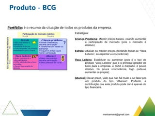Produto - BCG
Portfólio: é o resumo da situação de todos os produtos da empresa.
Estratégias:
Criança Problema: Manter preços baixos, visando aumentar
a participação de mercado (pois o mercado é
atrativo);
Estrela: Abaixar ou manter preços (tentando tornar-se “Vaca
Leiteira”, ao espantar a concorrência);
Vaca Leiteira: Estabilizar ou aumentar (pois é o tipo de
produto “Vaca Leiteira” que é o principal gerador de
lucro para a empresa, e como o mercado, é pouco
atrativo, há pouca concorrência, logo pode-se
aumentar os preços);
Abacaxi: Elevar preço, visto que não há muito a se fazer por
um produto do tipo “Abacaxi”. Portanto, a
contribuição que este produto pode dar é apenas do
tipo financeira.
marioamaral@gmail.com
 