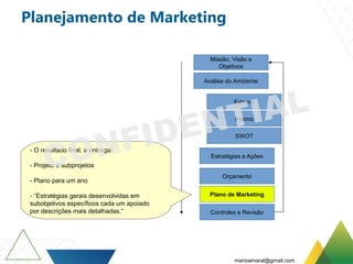 Planejamento de Marketing
Missão, Visão e
Objetivos
Análise do Ambiente
Externo
Interno
SWOT
Estratégias e Ações
Orçamento
Plano de Marketing
Controles e Revisão
- O resultado final, a entrega!
- Projeto e subprojetos
- Plano para um ano
- “Estratégias gerais desenvolvidas em
subobjetivos específicos cada um apoiado
por descrições mais detalhadas.“
marioamaral@gmail.com
 