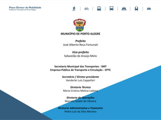 MUNICÍPIO DE PORTO ALEGRE
Prefeito
José Alberto Reus Fortunati
Vice-prefeito
Sebastião de Araújo Melo
Secretaria Municipal dos Transportes - SMT
Empresa Pública de Transporte e Circulação - EPTC
Secretário / Diretor-presidente
Vanderlei Luís Cappellari
Diretoria Técnica
Maria Cristina Molina Ladeira
Diretoria de Operações
Marcelo Soletti de Oliveira
Diretoria Administrativa e Financeiro
Pedro Luís da Silva Moreira
 