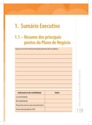 119
COMOELABORARUMPLANODENEGÓCIOS
1.	Sumário Executivo
1.1	– Resumo dos principais
pontos do Plano de Negócio
Façaumresumodosprincipaispontosdoseuplano.
_______________________________________________________
_______________________________________________________
_______________________________________________________
_______________________________________________________
_______________________________________________________
_______________________________________________________
_______________________________________________________
_______________________________________________________
_______________________________________________________
Indicadoresdeviabilidade		 Valor
Lucratividade
Rentabilidade
Prazoderetornodoinvestimento
PontodeEquilíbrio(PE)
 