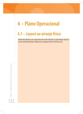 132
COMOELABORARUMPLANODENEGÓCIOS
4 – Plano Operacional
4.1 – Layoutou arranjo físico
Desenhe abaixo um esquema de como ficarão as principais áreas e
comoserãoalocadasmáquinas,equipamentos,móveis,etc.
 