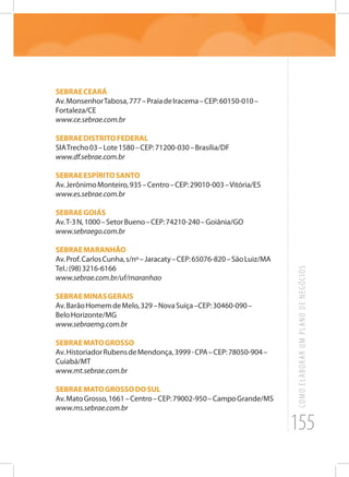 155
COMOELABORARUMPLANODENEGÓCIOS
SEBRAECEARÁ
Av.MonsenhorTabosa,777–PraiadeIracema–CEP:60150-010–
Fortaleza/CE
www.ce.sebrae.com.br
SEBRAEDISTRITOFEDERAL
SIATrecho03–Lote1580–CEP:71200-030–Brasília/DF
www.df.sebrae.com.br
SEBRAEESPÍRITOSANTO
Av.JerônimoMonteiro,935–Centro–CEP:29010-003–Vitória/ES
www.es.sebrae.com.br
SEBRAEGOIÁS
Av.T-3N,1000–SetorBueno–CEP:74210-240–Goiânia/GO
www.sebraego.com.br
SEBRAEMARANHÃO
Av.Prof.CarlosCunha,s/nº–Jaracaty–CEP:65076-820–SãoLuiz/MA
Tel.:(98)3216-6166
www.sebrae.com.br/uf/maranhao
SEBRAEMINASGERAIS
Av.BarãoHomemdeMelo,329–NovaSuíça–CEP:30460-090–
BeloHorizonte/MG
www.sebraemg.com.br
SEBRAEMATOGROSSO
Av.HistoriadorRubensdeMendonça,3999-CPA–CEP:78050-904–
Cuiabá/MT
www.mt.sebrae.com.br
SEBRAEMATOGROSSODOSUL
Av.MatoGrosso,1661–Centro–CEP:79002-950–CampoGrande/MS
www.ms.sebrae.com.br
 