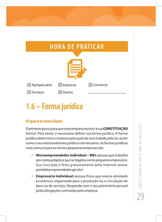 29
COMOELABORARUMPLANODENEGÓCIOS
Hora de praticar
Agropecuária Indústria Comércio
Serviços Outros _____________________
1.6–Formajurídica
Oqueéecomofazer
OprimeiropassoparaqueumaempresaexistaéasuaCONSTITUIÇÃO
formal. Para tanto, é necessário definir sua forma jurídica. A forma
jurídica determina a maneira pela qual ela será tratada pela lei, assim
comooseurelacionamentojurídicocomterceiros.Asformasjurídicas
maiscomunsparaasmicroepequenasempresassão:
•	 Microempreendedor Individual – MEI: pessoa que trabalha
por conta própria e que se legaliza como pequeno empresário.
Sua inscrição é feita gratuitamente pela internet (www.
portaldoempreendedor.gov.br).
•	 Empresário Individual: pessoa física que exerce atividade
econômica organizada para a produção ou a circulação de
bens ou de serviços. Responde com o seu patrimônio pessoal
pelasobrigaçõescontraídaspelaempresa.
 