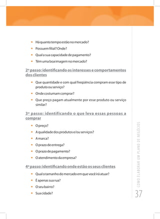 37
COMOELABORARUMPLANODENEGÓCIOS
•	 Háquantotempoestãonomercado?
•	 Possuemfilial?Onde?
•	 Qualasuacapacidadedepagamento?
•	 Têmumaboaimagemnomercado?
2ºpasso:identificandoosinteressesecomportamentos
dosclientes
•	 Que quantidade e com qual freqüência compram esse tipo de
produtoouserviço?
•	 Ondecostumamcomprar?
•	 Que preço pagam atualmente por esse produto ou serviço
similar?
3º passo: identificando o que leva essas pessoas a
comprar
•	 Opreço?
•	 Aqualidadedosprodutose/ouserviços?
•	 Amarca?
•	 Oprazodeentrega?
•	 Oprazodepagamento?
•	 Oatendimentodaempresa?
4ºpasso:identificandoondeestãoosseusclientes
•	 Qualotamanhodomercadoemquevocêiráatuar?
•	 Éapenassuarua?
•	 Oseubairro?
•	 Suacidade?
 