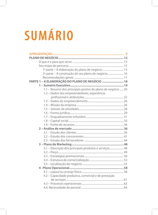 sumário
APRESENTAÇÃO...................................................................................... 9
PLANO DE NEGÓCIO...............................................................................12
O que é e para que serve..............................................................................13
Seu mapa de percurso...................................................................................15
1ª parte – A elaboração do plano de negócio.................................15
2ª parte – A construção do seu plano de negócio.........................16
Recomendações gerais ...........................................................................17
PARTE 1 – A ELABORAÇÃO DO PLANO DE NEGÓCIO...........................18
1 – Sumário Executivo................................................................19
1.1 – Resumo dos principais pontos do plano de negócio.......20
1.2 – Dados dos empreendedores, experiência
profissional e atribuições............................................................22
1.3 – Dados do empreendimento.......................................................26
1.4 – Missão da empresa........................................................................26
1.5 – Setores de atividades....................................................................28
1.6 – Forma jurídica.................................................................................29
1.7 – Enquadramento tributário.........................................................31
1.8 – Capital social....................................................................................33
1.9 – Fonte de recursos...........................................................................34
2 – Análise de mercado...............................................................36
2.1 – Estudo dos clientes........................................................................36
2.2 – Estudo dos concorrentes.............................................................41
2.3 – Estudo dos fornecedores ...........................................................44
3 – Plano de Marketing...............................................................48
3.1 – Descrição dos principais produtos e serviços......................48
3.2 – Preço...................................................................................................49
3.3 – Estratégias promocionais............................................................50
3.4 – Estrutura de comercialização.....................................................53
3.5 – Localização do negócio...............................................................55
4 –Plano Operacional..................................................................58
4.1 – Layout ou arranjo físico................................................................58
4.2 – Capacidade produtiva, comercial e de prestação
de serviços.......................................................................................61
4.3 – Processos operacionais................................................................62
4.4. Necessidade de pessoal.................................................................64
 