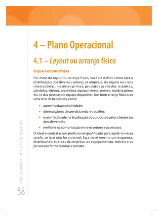 58
COMOELABORARUMPLANODENEGÓCIOS
4 – Plano Operacional
4.1 – Layoutou arranjo físico
Oqueéecomofazer
Por meio do layout ou arranjo físico, você irá definir como será a
distribuição dos diversos setores da empresa, de alguns recursos
(mercadorias, matérias-primas, produtos acabados, estantes,
gôndolas, vitrines, prateleiras, equipamentos, móveis, matéria-prima
etc.) e das pessoas no espaço disponível. Um bom arranjo físico traz
umasériedebenefícios,como:
•	 aumentodaprodutividade;
•	 diminuiçãododesperdícioedoretrabalho;
•	 maior facilidade na localização dos produtos pelos clientes na
áreadevendas;
•	 melhorianacomunicaçãoentreossetoreseaspessoas.
O ideal é contratar um profissional qualificado para ajudá-lo nessa
tarefa, se isso não for possível, faça você mesmo um esquema,
distribuindo as áreas da empresa, os equipamentos, móveis e as
pessoasdeformaracionalesensata.
 