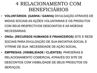 4 RELACIONAMENTO COM
BENEFICIÁRIOS
• VOLUNTÁRIOS: (GANHA / GANHA) DIVULGAÇÃO ATRAVES DE
MIDIAS SOCIAIS AS AÇÕES VOLUNTARIAS E OS PRODUTOS
COM SEUS RESPECTIVOS DESCONTOS E AS MOEDAS
NECESSÁRIAS.
• ONGs: (RECURSOS HUMANOS E FINANCEIROS) SITE E REDE
SOCIAIS PARA DIVULGAÇÃO DE SUA INICIATIVA SOCIAL E
VITRINE DE SUA NECESSIDADE DE AÇÃO SOCIAL.
• EMPRESAS: (VISIBILIDADE / CLIENTES) PARCERIAS E
RELACIONAMENTO COMERCIAL ATRAVÉS DO SITE DE
DESCONTOS COM VISIBILIDADE DE SEUS PRODUTOS OS
SERVIÇOS.
 
