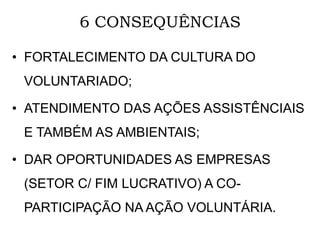 6 CONSEQUÊNCIAS
• FORTALECIMENTO DA CULTURA DO
VOLUNTARIADO;
• ATENDIMENTO DAS AÇÕES ASSISTÊNCIAIS
E TAMBÉM AS AMBIENTAIS;
• DAR OPORTUNIDADES AS EMPRESAS
(SETOR C/ FIM LUCRATIVO) A CO-
PARTICIPAÇÃO NA AÇÃO VOLUNTÁRIA.
 