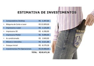 • Computadores Desktop R$ 5.397,00
• Máquina de Corte a Laser R$ 22.899,00
• Impressora a Laser R$ 1.125,00
• Impressora 3D R$ 6.200,00
• Impressora Plotter R$ 9.099,00
• Ar condicionado R$ 2.849,00
• Móveis e Utensílios R$ 6.621,88
• Estoque Inicial R$ 8.279,28
• Investimentos Pré-Operacionais R$ 20.000,00
TOTAL: R$ 82.471,58
 