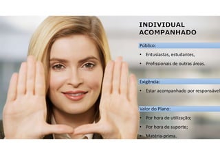 Público:
• Entusiastas, estudantes,
• Profissionais de outras áreas.
Exigência:
• Estar acompanhado por responsável.
Valor do Plano:
• Por hora de utilização;
• Por hora de suporte;
• Matéria-prima.
 