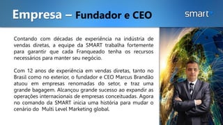 Contando com décadas de experiência na indústria de
vendas diretas, a equipe da SMART trabalha fortemente
para garantir que cada Franqueado tenha os recursos
necessários para manter seu negócio.
Com 12 anos de experiência em vendas diretas, tanto no
Brasil como no exterior, o fundador e CEO Marcus Brandão
atuou em empresas renomadas do setor, e traz uma
grande bagagem. Alcançou grande sucesso ao expandir as
operações internacionais de empresas conceituadas. Agora
no comando da SMART inicia uma história para mudar o
cenário do Multi Level Marketing global.
Empresa – Fundador e CEO
 
