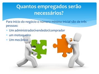 Para início do negócio o número mínimo inicial são de três
pessoas:
 Um administrador/vendedor/comprador
 um motoqueiro
 Um mecânico
Quantos empregados serão
necessários?
 