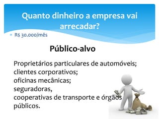  R$ 30.000/mês
Quanto dinheiro a empresa vai
arrecadar?
Público-alvo
Proprietários particulares de automóveis;
clientes corporativos;
oficinas mecânicas;
seguradoras,
cooperativas de transporte e órgãos
públicos.
 