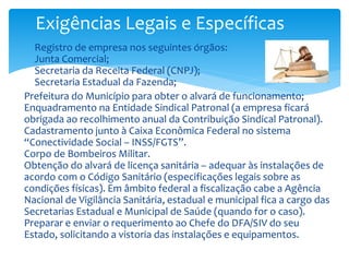  Registro de empresa nos seguintes órgãos:
Junta Comercial;
Secretaria da Receita Federal (CNPJ);
Secretaria Estadual da Fazenda;
Prefeitura do Município para obter o alvará de funcionamento;
Enquadramento na Entidade Sindical Patronal (a empresa ficará
obrigada ao recolhimento anual da Contribuição Sindical Patronal).
Cadastramento junto à Caixa Econômica Federal no sistema
“Conectividade Social – INSS/FGTS”.
Corpo de Bombeiros Militar.
Obtenção do alvará de licença sanitária – adequar às instalações de
acordo com o Código Sanitário (especificações legais sobre as
condições físicas). Em âmbito federal a fiscalização cabe a Agência
Nacional de Vigilância Sanitária, estadual e municipal fica a cargo das
Secretarias Estadual e Municipal de Saúde (quando for o caso).
Preparar e enviar o requerimento ao Chefe do DFA/SIV do seu
Estado, solicitando a vistoria das instalações e equipamentos.
Exigências Legais e Específicas
 