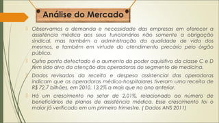 Análise do Mercado
 Observamos a demanda e necessidade das empresas em oferecer a
assistência médica aos seus funcionários não somente a obrigação
sindical, mas também a administração da qualidade de vida dos
mesmos, e também em virtude do atendimento precário pelo órgão
público.
 Outro ponto detectado é o aumento do poder aquisitivo da classe C e D
tem sido alvo da atenção das operadoras do segmento de medicina.
 Dados revisados da receita e despesa assistencial das operadoras
indicam que as operadoras médico-hospitalares tiveram uma receita de
R$ 72,7 bilhões, em 2010, 13,2% a mais que no ano anterior.
 Há um crescimento no setor de 2,01%, relacionado ao número de
beneficiários de planos de assistência médica. Esse crescimento foi o
maior já verificado em um primeiro trimestre. ( Dados ANS 2011)

 