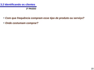 3.2 Identificando os clientes
2º PASSO

➔

Com que frequência compram esse tipo de produto ou serviço?

➔

Onde costumam comprar?

19

 