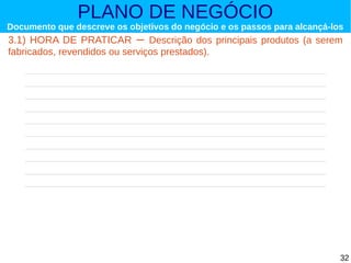 PLANO DE NEGÓCIO

Documento que descreve os objetivos do negócio e os passos para alcançá-los

3.1) HORA DE PRATICAR – Descrição dos principais produtos (a serem
fabricados, revendidos ou serviços prestados).

32

 