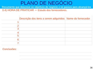 PLANO DE NEGÓCIO

Documento que descreve os objetivos do negócio e os passos para alcançá-los

3.4) HORA DE PRATICAR

– Estudo dos fornecedores.

Descrição dos itens a serem adquiridos Nome do fornecedor
1
2
3
4
5
6
7
Conclusões:

36

 