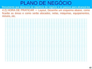 PLANO DE NEGÓCIO

Documento que descreve os objetivos do negócio e os passos para alcançá-los

4.2) HORA DE PRATICAR – Layout, Desenhe um esquema abaixo, como
ficarão as áreas e como serão alocados, nelas, máquinas, equipamentos,
móveis, etc.

48

 