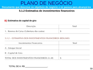 PLANO DE NEGÓCIO

Documento que descreve os objetivos do negócio e os passos para alcançá-los

5.1.2 Estimativa de investimentos financeiros

B) Estimativa do capital de giro

TOTAL DE A: R$ ___________________.

59

 