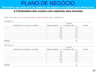 PLANO DE NEGÓCIO

Documento que descreve os objetivos do negócio e os passos para alcançá-los

5.3 Estimativa dos custos com materiais e/ou insumos

67

 