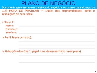PLANO DE NEGÓCIO

Documento que descreve os objetivos do negócio e os passos para alcançá-los

1.2) HORA DE PRATICAR
atribuições de cada sócio.

–

Dados dos empreendedores, perfis e

> Sócio 1:
Nome:
Endereço:
Telefone:
> Perfil (breve currículo):

> Atribuições do sócio 1 (papel a ser desempenhado na empresa):

5

 