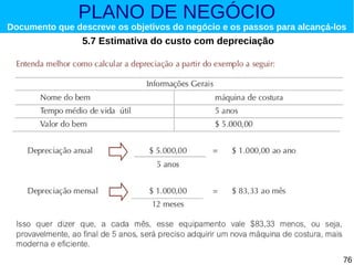 PLANO DE NEGÓCIO

Documento que descreve os objetivos do negócio e os passos para alcançá-los

5.7 Estimativa do custo com depreciação

76

 