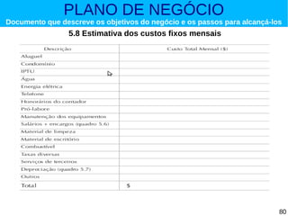PLANO DE NEGÓCIO

Documento que descreve os objetivos do negócio e os passos para alcançá-los

5.8 Estimativa dos custos fixos mensais

80

 