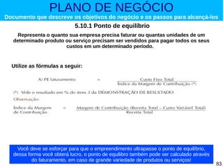 PLANO DE NEGÓCIO

Documento que descreve os objetivos do negócio e os passos para alcançá-los

5.10.1 Ponto de equilíbrio
Representa o quanto sua empresa precisa faturar ou quantas unidades de um
determinado produto ou serviço precisam ser vendidos para pagar todos os seus
custos em um determinado período.

Utilize as fórmulas a seguir:

Você deve se esforçar para que o empreendimento ultrapasse o ponto de equilíbrio,
dessa forma você obterá lucro, o ponto de equilibro também pode ser calculado através
do faturamento, em caso de grande variedade de produtos ou serviços!

83

 