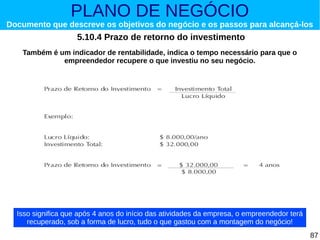 PLANO DE NEGÓCIO

Documento que descreve os objetivos do negócio e os passos para alcançá-los

5.10.4 Prazo de retorno do investimento
Também é um indicador de rentabilidade, indica o tempo necessário para que o
empreendedor recupere o que investiu no seu negócio.

Isso significa que após 4 anos do início das atividades da empresa, o empreendedor terá
recuperado, sob a forma de lucro, tudo o que gastou com a montagem do negócio!
87

 