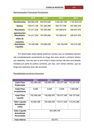 [PLANO DE NEGÓCIOS]         DDS

Demonstrações Financeiras Previsionais:

                    2012           2013                2014         2015

Rendimentos     859.882,40€   945.870,64€       1.040.457,70€   1.144.503,47€

   Gastos       738.071,18€   791.284,98€        852.757,79€     937.865,51€

 Resultados     121.811,22€   154.585,66€        187.699,91€     206.637,97€
operacionais
 Resultados     121.811,22€   154.585,66€        187.699,91€     206.637,97€
  antes de
  impostos
 Resultados      97.448,98€     123.668,52€       150.159,93€    165.310,38€
  Líquidos


     Por observação desta tabela podemos concluir que os resultados líquidos
vão constantemente aumentando ao longo dos anos sendo o primeiro inferior
aos restantes, uma vez que no ano inicial o nosso serviço não terá uma adesão
imediata por parte do publico contando, por isso, com menos clientes, que ao
longo dos restantes anos irão aumentar.


Rentabilidade económico-financeira:


                      2012               2013        2014
 Cash Flow         102.366,43€        128.585,97€ 155.077,38€ 170.227,83€
 Exploração

  Cash Flow           0,00€             0,00€          0,00€    1.500,00€
Investimento

  Cash Flow        102.366,43€        128.585,97€ 155.077,38€ 168.727,83€
   Líquido

Valor Líquido      93.060,39€         106.269,40€ 116.511,93€ 115.243,38€
 Actualizado
    (10%)

Valor Líquido                              403.485,10€
 Actualizado
 Acumulado

 Taxa Interna                                 83,47%
 
