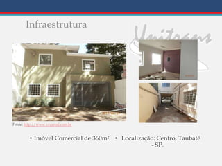 Infraestrutura
• Imóvel Comercial de 360m². • Localização: Centro, Taubaté
- SP.
Fonte: http://www.vivareal.com.br
 