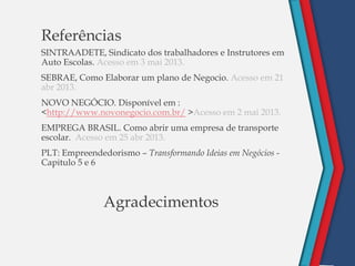 „
Referências
SINTRAADETE, Sindicato dos trabalhadores e Instrutores em
Auto Escolas. Acesso em 3 mai 2013.
SEBRAE, Como Elaborar um plano de Negocio. Acesso em 21
abr 2013.
NOVO NEGÓCIO. Disponível em :
<http://www.novonegocio.com.br/ >Acesso em 2 mai 2013.
EMPREGA BRASIL. Como abrir uma empresa de transporte
escolar. Acesso em 25 abr 2013.
PLT: Empreendedorismo – Transformando Ideias em Negócios -
Capitulo 5 e 6
Agradecimentos
 