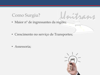 Como Surgiu?
• Maior nº de ingressantes da região;
• Crescimento no serviço de Transportes;
• Assessoria;
 