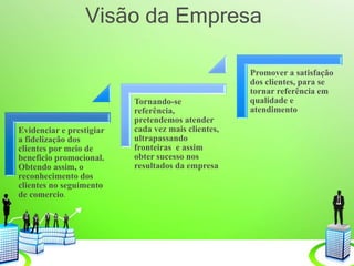 Visão da Empresa
Evidenciar e prestigiar
a fidelização dos
clientes por meio de
beneficio promocional.
Obtendo assim, o
reconhecimento dos
clientes no seguimento
de comercio.
Tornando-se
referência,
pretendemos atender
cada vez mais clientes,
ultrapassando
fronteiras e assim
obter sucesso nos
resultados da empresa
Promover a satisfação
dos clientes, para se
tornar referência em
qualidade e
atendimento
 