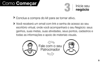 Conclua a compra do kit para se tornar ativo.
Como Começar
Fale com o seu
Patrocinador
Inicie seu
negócio3
Você receberá um email com link e senha de acesso ao seu
escritório virtual, onde você acompanhará o seu Negócio: seus
ganhos, suas metas, suas atividades, seus pontos, cadastros e
todas as informações e apoio de materiais visuais.
9
 