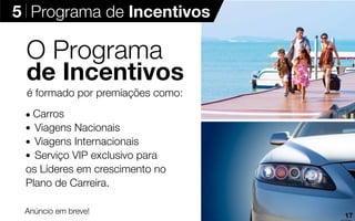 O Programa
de Incentivos
é formado por premiações como:
Carros
Viagens Nacionais
Viagens Internacionais
Serviço VIP exclusivo para
os Líderes em crescimento no
Plano de Carreira.
Anúncio em breve!
5 Programa de Incentivos
17
 