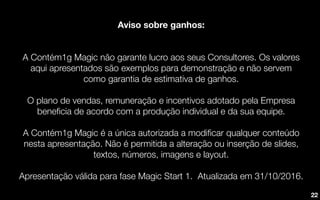 Aviso sobre ganhos:
A Contém1g Magic não garante lucro aos seus Consultores. Os valores
aqui apresentados são exemplos para demonstração e não servem
como garantia de estimativa de ganhos.
O plano de vendas, remuneração e incentivos adotado pela Empresa
beneﬁcia de acordo com a produção individual e da sua equipe.
A Contém1g Magic é a única autorizada a modiﬁcar qualquer conteúdo
nesta apresentação. Não é permitida a alteração ou inserção de slides,
textos, números, imagens e layout.
Apresentação válida para fase Magic Start 1. Atualizada em 31/10/2016.
22
 