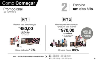 R$
Materiais para demonstração
480,00
Materiais para demonstração
+ produtos para revenda
970,00R$
até 10/11/2016
Promocional
KIT 1 - R$ 480,00 - 10% - 100 pontos
KIT 2 - R$ 970,00 - 20% - 300 pontos
KIT 3 - R$ 1.990,00 - 30% - 600 pontos
KITS A PARTIR DE NOVEMBRO COM PRODUTOS
300 Pontos
Até 10/11 para qualiﬁcação
e bônus de equipe
100 Pontos
Até 10/11, somente
para qualiﬁcação
Bônus de Equipe 10% Bônus de Equipe 30%
Como Começar Escolha
um dos kits2
KIT 1 KIT 2
8
700,00R$
Valor de
revenda
 