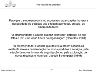 Para que o empreendedorismo ocorra nas organizações haverá a necessidade de pessoas que o façam acontecer, ou seja, os empreendedores. “ O empreendedor é aquele que faz acontecer, antecipa-se aos fatos e tem uma visão futura da organização” (Dornelas, 2001) “ O empreendedor é aquele que destrói a ordem econômica existente através da introdução de novos produtos e serviços, pela criação de novas formas de organização, ou pela exploração de novos recursos e materiais” Joseph Schumpeter (1949) 