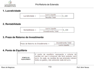 1. Lucratividade 2. Rentabilidade 3. Prazo de Retorno do Investimento 4. Ponto de Equilíbrio 