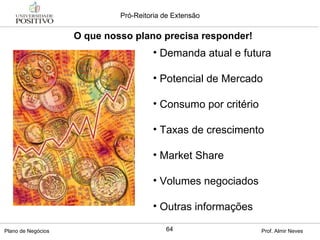 Demanda atual e futura Potencial de Mercado Consumo por critério Taxas de crescimento Market Share Volumes negociados Outras informações  O que nosso plano precisa responder! 