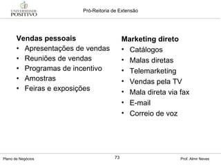 Vendas pessoais Apresentações de vendas Reuniões de vendas Programas de incentivo Amostras Feiras e exposições Marketing direto Catálogos Malas diretas Telemarketing Vendas pela TV Mala direta via fax E-mail Correio de voz 