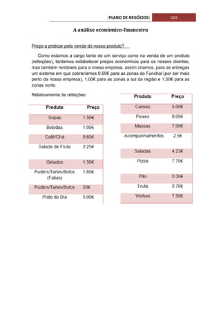 [PLANO DE NEGÓCIOS]           DDS


                    A análise económico-financeira


Preço a praticar pela venda do nosso produto?

    Como estamos a cargo tanto de um serviço como na venda de um produto
(refeições), tentamos estabelecer preços económicos para os nossos clientes,
mas também rentáveis para a nossa empresa, assim criamos, para as entregas
um sistema em que cobraríamos 0.50€ para as zonas do Funchal (por ser mais
perto da nossa empresa), 1.00€ para as zonas a sul da região e 1.50€ para as
zonas norte.

Relativamente às refeições:
 