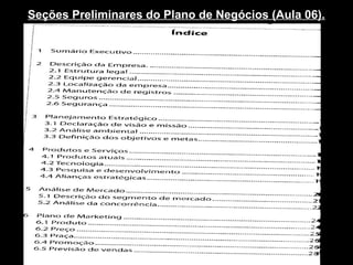 Seções Preliminares do Plano de Negócios (Aula 06).
 