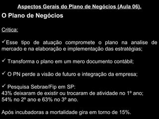 Aspectos Gerais do Plano de Negócios (Aula 06).
O Plano de Negócios
Critica:
Esse tipo de atuação compromete o plano na analise de
mercado e na elaboração e implementação das estratégias;
 Transforma o plano em um mero documento contábil;
 O PN perde a visão de futuro e integração da empresa;
 Pesquisa Sebrae/Fip em SP:
43% deixaram de existir ou trocaram de atividade no 1º ano;
54% no 2º ano e 63% no 3º ano.
Após incubadoras a mortalidade gira em torno de 15%.
 