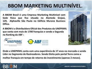 BBOM MARKETING MULTINÍVEL.
A BBOM Brasil é uma Empresa Marketing Multinível com
Sede física que fica situada na Alameda Grajaú,
129, Alphaville São Paulo no Edifício Murano Business
Office.
A BBOM é a Distribuidora Oficial dos Produtos da UNEPXMIL
que conta com mais de 1700 franquias e sendo a Segunda
no Ranking da ABF :
Onde a UNEPXMIL conta com uma experiência de 17 anos no mercado e sendo
Líder no Segmento de Rastreadores. Sendo Eleita pelo portal Terra como a
melhor franquia em tempo de retorno do investimento (apenas 2 meses).
 