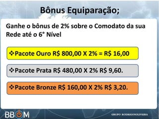 Pacote Ouro R$ 800,00 X 2% = R$ 16,00
Pacote Prata R$ 480,00 X 2% R$ 9,60.
Pacote Bronze R$ 160,00 X 2% R$ 3,20.
Ganhe o bônus de 2% sobre o Comodato da sua
Rede até o 6° Nível
Bônus Equiparação;
 