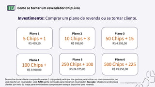 Plano 1
5 Chips + 1
R$ 499,50
Como se tornar um revendedor ChipLivre
Investimento: Comprar um plano de revenda ou se tornar cliente.
Plano 4
100 Chips +
R$ 9.990,00
Plano 3
50 Chips + 15
R$ 4.995,00
Plano 6
500 Chips + 225
R$ 49.950,00
Plano 5
250 Chips + 100
R$ 24.975,00
Plano 2
10 Chips + 3
R$ 999,00
Se você se tornar cliente comprando apenas 1 chip poderá participar dos ganhos para indicar um novo consumidor, se
você não for um revendedor, você NÃO ganha comissão para indicar um revendedor. Atenção: ChipLivre só direciona
clientes por meio do mapa para revendedores que possuem estoque disponível para revenda.
www.tropachiplivre.com
 