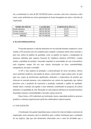 12
um a contribuição no valor de R$ 192.802,00 (cento e noventa e dois mil e oitocentos e dois
reais), assim atribuindo aos sócios participação de forma homogênea nas ações e decisões da
organização.
NOME DO SÓCIO VALOR (R$) PARTICIPAÇÃO (%)
Emilio Dimmas R$192.802,00 33,3%
Evelyn Araújo R$192.802,00 33,3%
Vicente Venturieri R$192.802,00 33,3%
TOTAL R$ 578.406,00 100%
6. PLANO OPERACIONAL
O mercado paraense a cada dia demonstra ser um mercado bastante competitivo, nesse
sentido a GN necessita estar em condições para competir e prosperar dentro desse mercado e
para isso, utiliza de padrões de qualidade, como os padrões de higiene e manipulação de
alimentos definidos pela Agência Nacional de Vigilância Sanitária (ANVISA), visando
manter a qualidade do produto e buscando responder às necessidades de seus consumidores
mais exigentes, sempre fiel aos seus valores alicerçados na ética, sustentabilidade,
transparência, inovação e seriedade.
A GN é uma empresa de produção e comercialização de sucos inovadora, oferece
sucos realmente saudáveis, sem adição de açúcar, conservantes e água a preço justo, no qual
para isso, requer de profissionais qualificados, dedicados e conhecedores do produto que
oferecem ao mercado paraense, com compromisso aos valores da organização, que elabore
processos com o propósito de maximizar a produção, mantendo o padrão de qualidade,
aliando sabor e nutrição sem agredir o meio ambiente, contribuindo no progresso da cultura
alimentar e na qualidade de vida. Buscando ser uma empresa referência no mercado brasileiro
de produtos naturais, sustentabilidade e inovação a preço acessível.
Dessa forma, a GN explicitará sua localização, layout, capacidade produtiva, processo
produtivo e estrutura organizacional, perfil dos colaboradores respectivamente.
6.1 LOCALIZAÇÃO
A localização é de grande importância para o desenvolver das atividades comerciais da
organização, neste momento, deve-se identificar qual a melhor localização para a instalação
de seu negócio, algo que está diretamente relacionado com o ramo de atividades que a
 